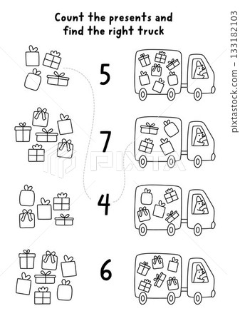 Match the numbers black and white Christmas game with goose driver on truck with presents. New Year line math activity for kids. Winter holiday educational counting worksheet, coloring page Match the numbers black and white Christmas game with goose driver on truck with presents. New Year line math activity for kids. Winter holiday educational counting worksheet, coloring page 133182103