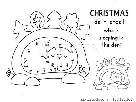 Christmas vector dot-to-dot and color activity with cute bear sleeping in his den. Black and white New Year connect the dots game for children with holiday symbol. Winter line printable worksheet Christmas vector dot-to-dot and color activity with cute bear sleeping in his den. Black and white New Year connect the dots game for children with holiday symbol. Winter line printable worksheet 133182108
