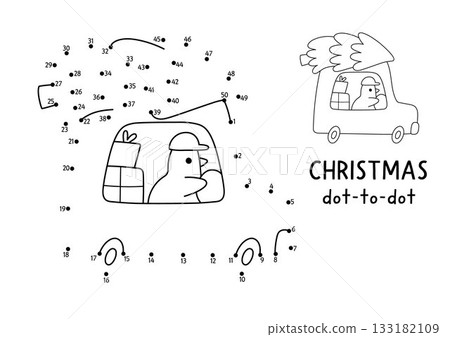 Christmas vector dot-to-dot and color activity with cute bird on car with fir tree. Black and white New Year connect dots game for children with holiday symbol. Winter line printable worksheet Christmas vector dot-to-dot and color activity with cute bird on car with fir tree. Black and white New Year connect dots game for children with holiday symbol. Winter line printable worksheet 133182109