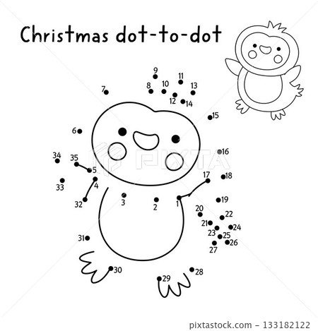 Christmas vector dot-to-dot and color activity with cute penguin. Black and white New Year connect dots game for children with holiday symbol. Winter line printable worksheet 133182122