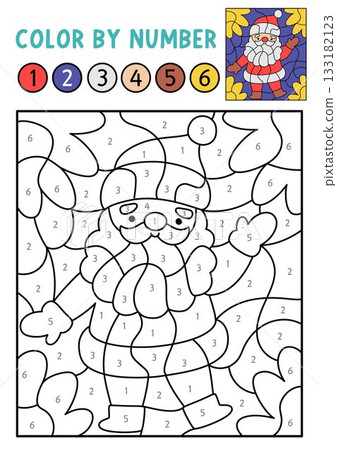 Vector Christmas color by number activity with Santa Claus. Winter black and white counting, colouring game. New Year coloring page for kids. Line printable worksheet with holiday symbol 133182123
