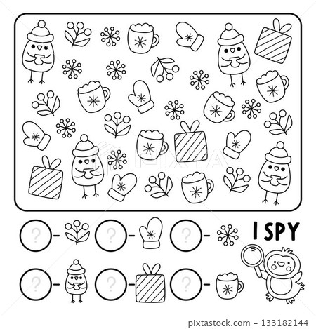 Christmas I spy black and white game for kids. Searching and counting line activity with bird, present, snowflake. New Year printable worksheet, coloring page for children. Winter holiday puzzle Christmas I spy black and white game for kids. Searching and counting line activity with bird, present, snowflake. New Year printable worksheet, coloring page for children. Winter holiday puzzle 133182144
