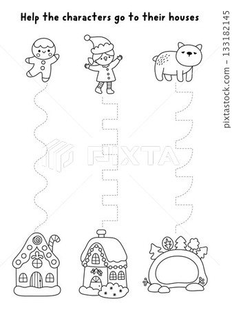 Vector Christmas handwriting practice worksheet with gingerbread man, elf, bear, houses. Printable black and white activity for kids with homes. Winter holiday line tracing game, coloring page Vector Christmas handwriting practice worksheet with gingerbread man, elf, bear, houses. Printable black and white activity for kids with homes. Winter holiday line tracing game, coloring page 133182145