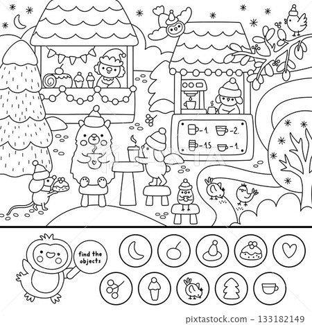 Vector black and white searching game with Christmas village landscape. New Year line seek and find printable activity, coloring page for kids. Winter holiday worksheet with fair with stalls, drinks Vector black and white searching game with Christmas village landscape. New Year line seek and find printable activity, coloring page for kids. Winter holiday worksheet with fair with stalls, drinks 133182149