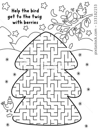 Christmas geometrical black and white maze for kid. New Year preschool printable line activity shaped as fir tree. Winter holiday labyrinth game, puzzle, coloring page with bird going to twig with Christmas geometrical black and white maze for kid. New Year preschool printable line activity shaped as fir tree. Winter holiday labyrinth game, puzzle, coloring page with bird going to twig with 133182153