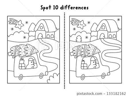 Christmas line find differences game. Winter holiday black and white activity with bird driving fir tree home on night. Printable worksheet, puzzle, coloring page for kids with New Year character 133182162