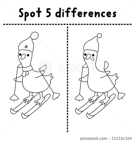 Christmas line find differences game. Winter holiday black and white activity with skiing goose. Printable worksheet, puzzle coloring page for kids with funny New Year character Christmas line find differences game. Winter holiday black and white activity with skiing goose. Printable worksheet, puzzle coloring page for kids with funny New Year character 133182164