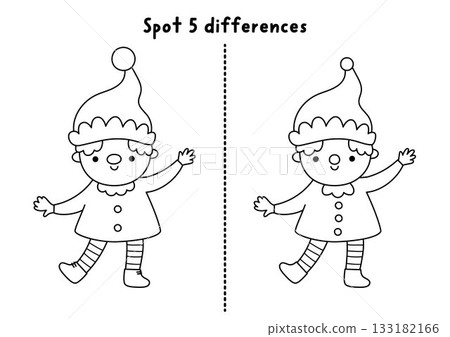 Christmas line find differences game for children. Winter holiday black and white educational activity with elf. Printable worksheet, coloring page, puzzle for kids with funny New Year dwarf Christmas line find differences game for children. Winter holiday black and white educational activity with elf. Printable worksheet, coloring page, puzzle for kids with funny New Year dwarf 133182166