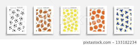 Collection of vector posters, brochures, cards with sports balls - basketball, volleyball, tennis, soccer and American football. Artwork sport games covers, prints, patterns for your design and ideas 133182234