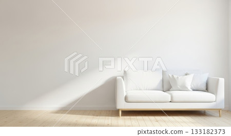 Minimalist white sofa in sunlit room with wooden flooring and soft cushions Minimalist white sofa in sunlit room with wooden flooring and soft cushions 133182373