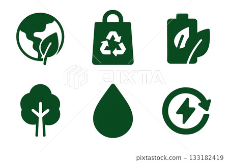 Eco icon sets featuring earth, recycling bag, battery, tree, water drop, energy cycle. Isolated on transparent background Eco icon sets featuring earth, recycling bag, battery, tree, water drop, energy cycle. Isolated on transparent background 133182419