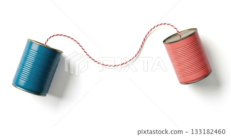 Creative communication concept with tin cans connected by red twine on white background 133182460