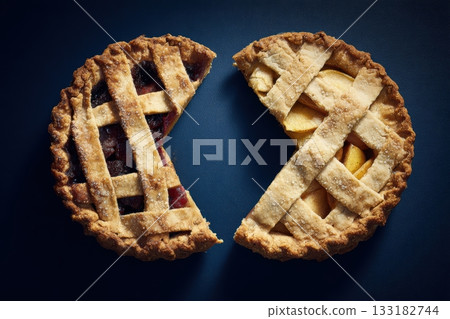 Unique split pie with cherry and apple fillings Unique split pie with cherry and apple fillings 133182744