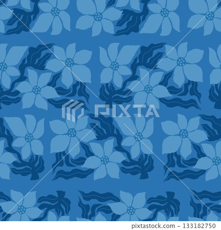 Groovy Abstract Flower Folk Art Seamless Pattern. Organic Floral Ornament tone-on-tone blue blossoms inspired by denim texture. Contemporary Hand-drawn minimal Vector Illustration. Not AI 133182750