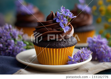 Beautiful chocolate cupcake with flowers on a plate 133182776