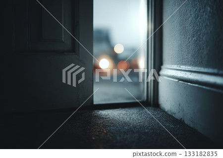 Light glowing through an open door in a dim hallway Light glowing through an open door in a dim hallway 133182835