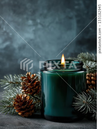 Green candle with pine cones on a dark background Green candle with pine cones on a dark background 133182945