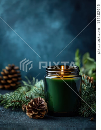 Warm candlelight amidst pinecones and greenery Warm candlelight amidst pinecones and greenery 133182946