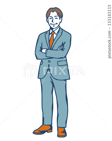 插圖描繪了一位雙臂交叉的男性商務人士站立的姿態。他身著西裝，顯得自信滿滿。 133183115