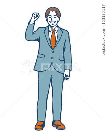 圖：一位身著西裝的男性商務人士揮拳慶祝——一位快樂的男士 133183117
