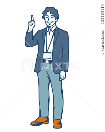 一位年輕男商務人士用手指著什麼的插畫。人物形象，附員工編號。 133183119