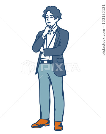 一位年輕男性商務人士沉思的插圖。人物資料,附員工證件。 一位年輕男性商務人士沉思的插圖。人物資料,附員工證件。 133183121