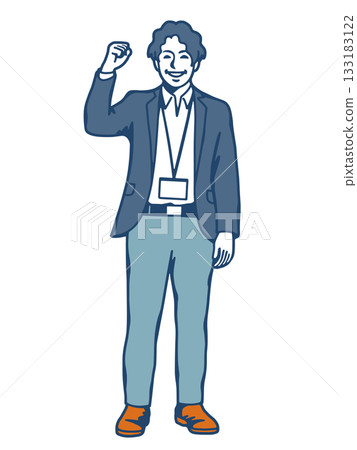 Illustration of a young male businessman making a fist pump. Personnel material with employee ID. 133183122