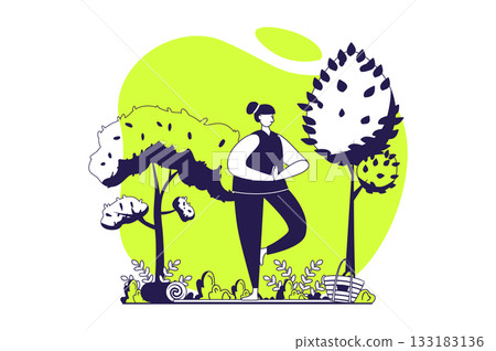 Yoga training web concept with flat people for website design. Woman doing yoga asanas outdoors, practicing balance postures and standing in peaceful position at mat in park. Vector illustration. Yoga training web concept with flat people for website design. Woman doing yoga asanas outdoors, practicing balance postures and standing in peaceful position at mat in park. Vector illustration. 133183136