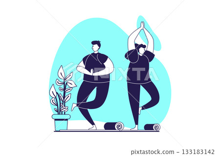 Yoga training web concept with flat people for website design. Woman and man doing yoga asanas at mats, practicing breathing exercises, balance positions in group at sport studio. Vector illustration. Yoga training web concept with flat people for website design. Woman and man doing yoga asanas at mats, practicing breathing exercises, balance positions in group at sport studio. Vector illustration. 133183142