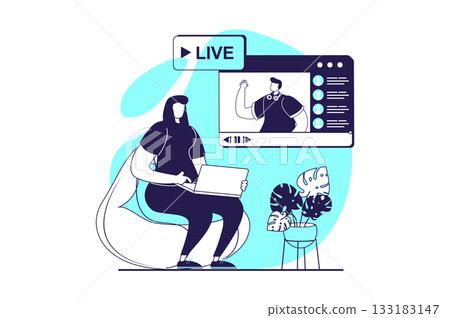 Video streaming web concept with flat people for website design. Man broadcasting online, communicate with followers, woman watching video and commenting in chat with followers. Vector illustration. 133183147