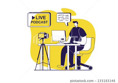 Video streaming web concept with flat people for website design. Man broadcasting online using camera and sitting desk, calling by video and communicate at virtual meeting. Vector illustration. Video streaming web concept with flat people for website design. Man broadcasting online using camera and sitting desk, calling by video and communicate at virtual meeting. Vector illustration. 133183148