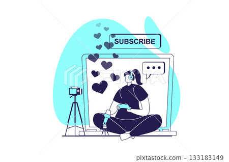 Video streaming web concept with flat people for website design. Woman gaming and broadcasting online using camera and microphone, recording video with playing for followers. Vector illustration. Video streaming web concept with flat people for website design. Woman gaming and broadcasting online using camera and microphone, recording video with playing for followers. Vector illustration. 133183149