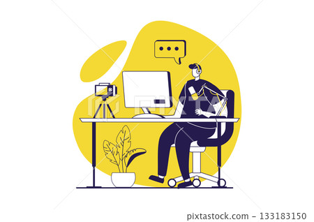 Video streaming web concept with flat people for website design. Man broadcasting online using camera and microphone, recording video sitting desk, communicate with followers. Vector illustration. Video streaming web concept with flat people for website design. Man broadcasting online using camera and microphone, recording video sitting desk, communicate with followers. Vector illustration. 133183150