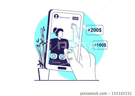 Video streaming web concept with flat people for website design. Woman broadcasting online, communicate with followers, user interacting with mobile app, sending donate money. Vector illustration. 133183152