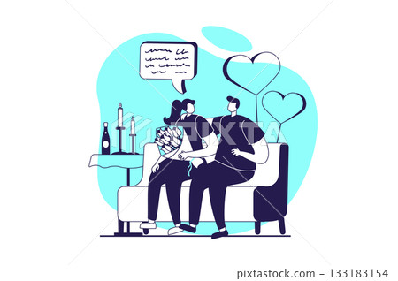 Valentine's Day web concept with flat people for website design. Man giving gifts and flowers to woman. Couple going on surprise date, sitting and hugging at sofa together. Vector illustration. 133183154