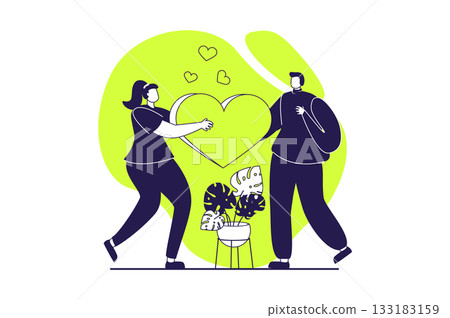 Valentine's Day web concept with flat people for website design. Woman making declaration of love to man. Couple going on surprise date together and celebrating romantic holiday. Vector illustration. Valentine's Day web concept with flat people for website design. Woman making declaration of love to man. Couple going on surprise date together and celebrating romantic holiday. Vector illustration. 133183159