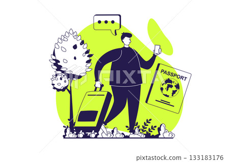 Travelling web concept with flat people for website design. Man with passport and suitcase going on vacation or business trip, flying in travel by plane, airline transportations. Vector illustration. 133183176