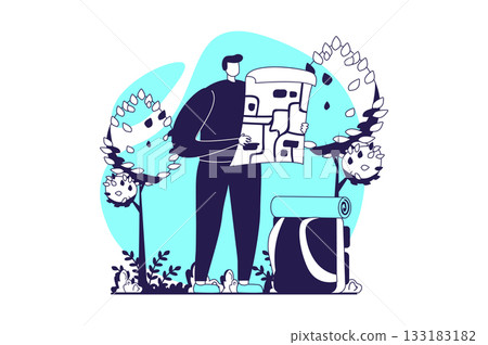 Travelling web concept with flat people for website design. Man going on vacation, hiking with backpack, trekking with map outdoors, relaxing at camp in forest in expedition. Vector illustration. 133183182