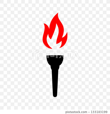 Single burning torch icon with red flame. Flat vector illustration of black silhouette torch for sports, ceremony, freedom and celebration design themes Single burning torch icon with red flame. Flat vector illustration of black silhouette torch for sports, ceremony, freedom and celebration design themes 133183199