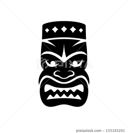 Angry tiki mask with diamond crown pattern and sharp teeth. Polynesian tribal vector face illustration for cultural, festival and tattoo themed projects 133183201