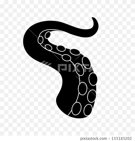 Curved black octopus tentacle with suction cups. Nautical vector line design for tattoos, sea monster art, marine illustrations, and fantasy themes 133183202
