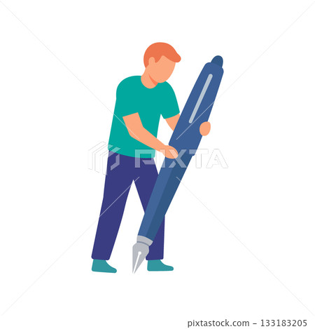 Man with giant blue fountain pen. Flat vector illustration of male character holding oversized ink pen for writing, drawing and creative school concepts Man with giant blue fountain pen. Flat vector illustration of male character holding oversized ink pen for writing, drawing and creative school concepts 133183205