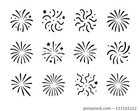 Collection of twelve black fireworks. Burst icons in various abstract styles Collection of twelve black fireworks. Burst icons in various abstract styles 133183222