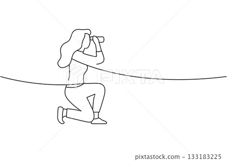Minimalist line art of a kneeling woman looking through binoculars. Simple outline concept for search, discovery, and exploration themes Minimalist line art of a kneeling woman looking through binoculars. Simple outline concept for search, discovery, and exploration themes 133183225