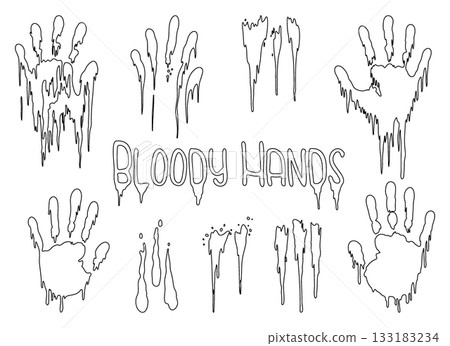 Linear outline set of horror bloody hands and drips. Minimalist vector design 133183234