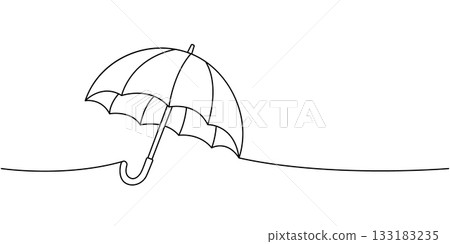 Elegant umbrella outline leaning in one line art style, modern vector parasol for rainy day shelter and stylish decor 133183235