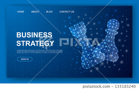 Digital chess rook and pawn glowing in low poly mesh style with business strategy banner on dark cyber background Digital chess rook and pawn glowing in low poly mesh style with business strategy banner on dark cyber background 133183240