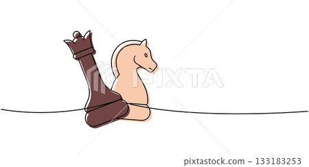 Linear minimalist outline of a brown chess queen and a peach knight leaning together, abstract symbolic design Linear minimalist outline of a brown chess queen and a peach knight leaning together, abstract symbolic design 133183253