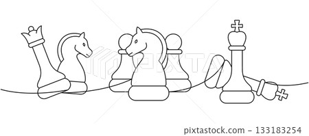 Minimalist chess line drawing of knights, pawns, and a fallen king in abstract design Minimalist chess line drawing of knights, pawns, and a fallen king in abstract design 133183254