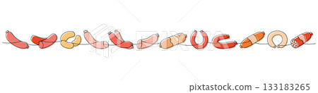Sausage set. Smoked sausages one line colored continuous drawing. Vector illustration 133183265